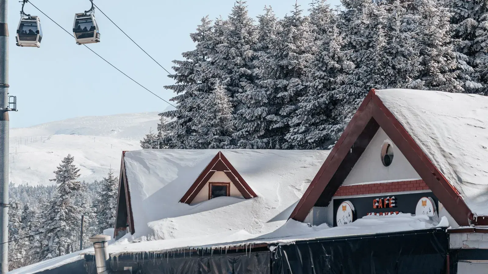 Cable car over frosted pine trees at the Uludag ski resort, Bursa